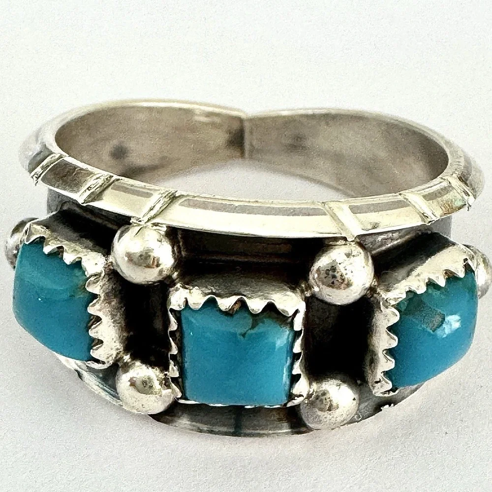 Navajo Turquoise Mens Band Sz 11 Three Stone‎ Ring 12mm Sterling Dark Cadman